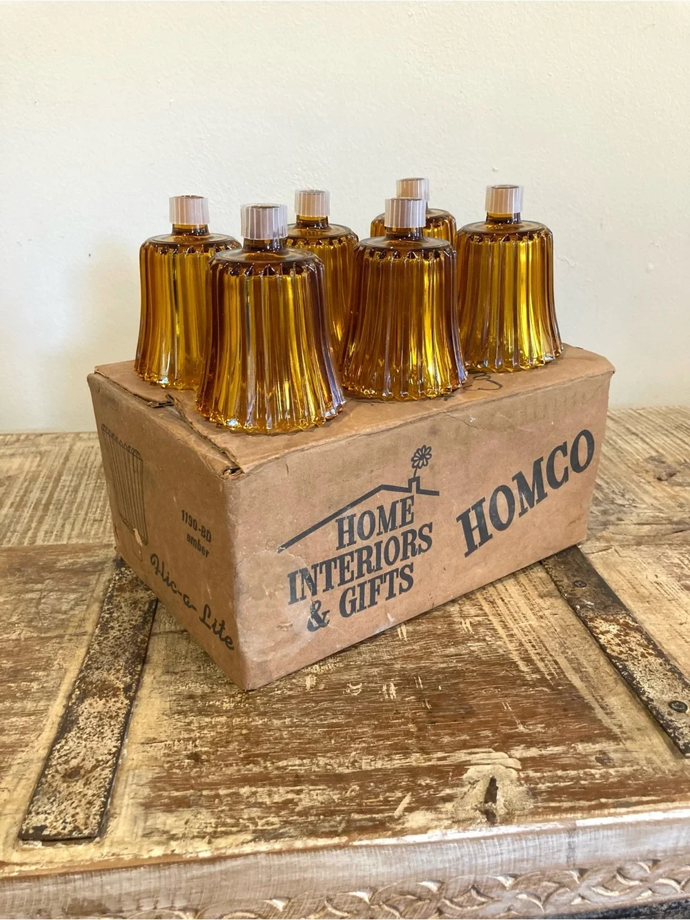 6 Vintage Homco Flic-A-Lite Amber Ribbed Cut Pegged Votive Candle Holders